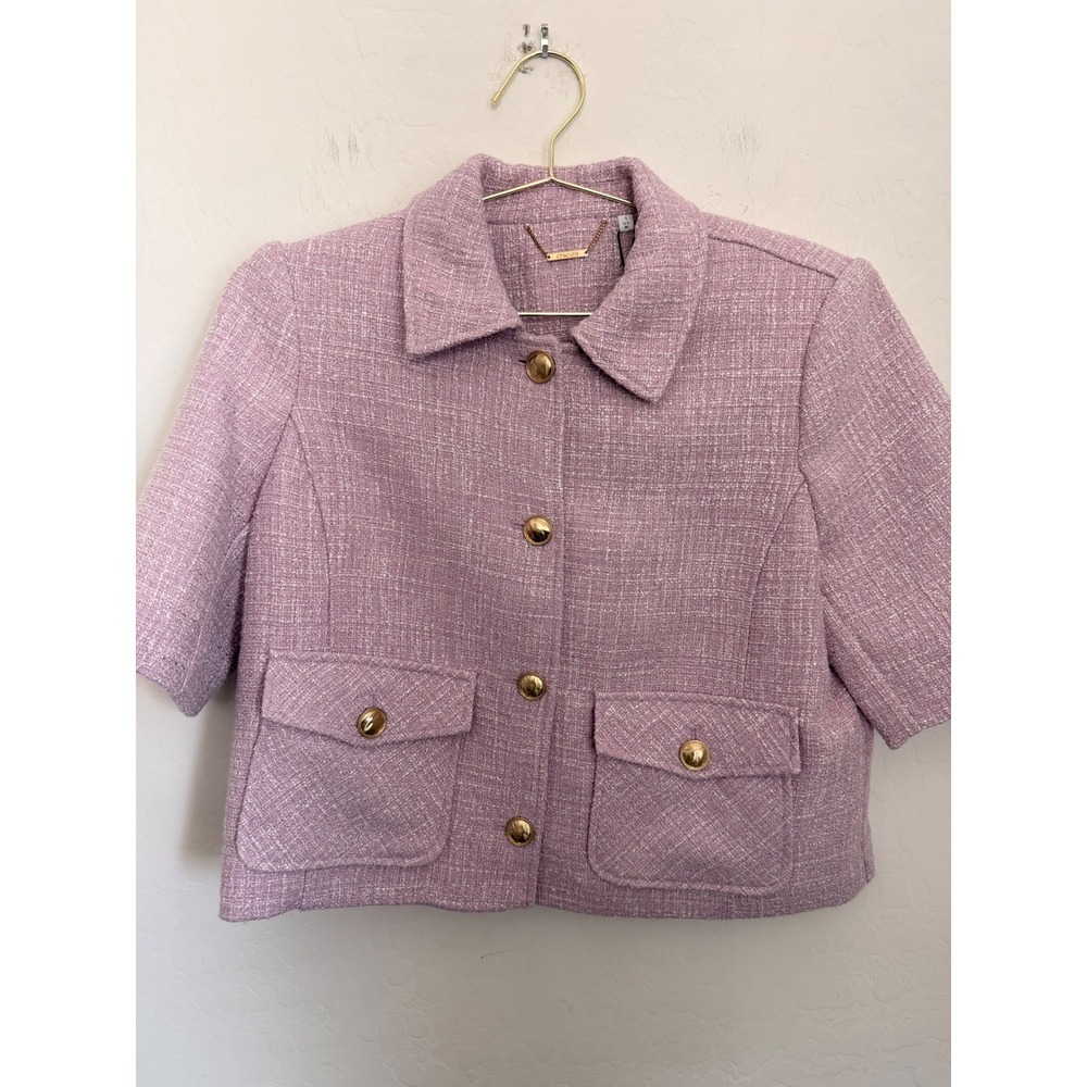 Chicos Purple Tweed Cropped Parisian Old Money Jacket Short Sleeve NWT Size M